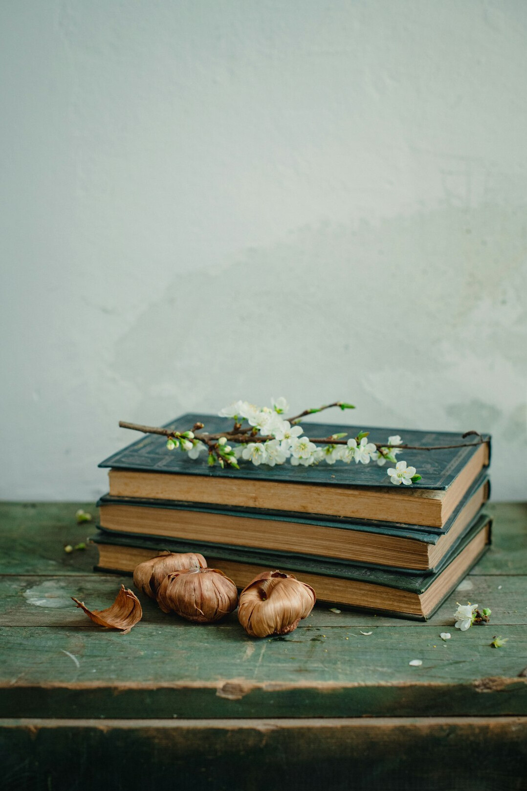 Stack of old books on a table